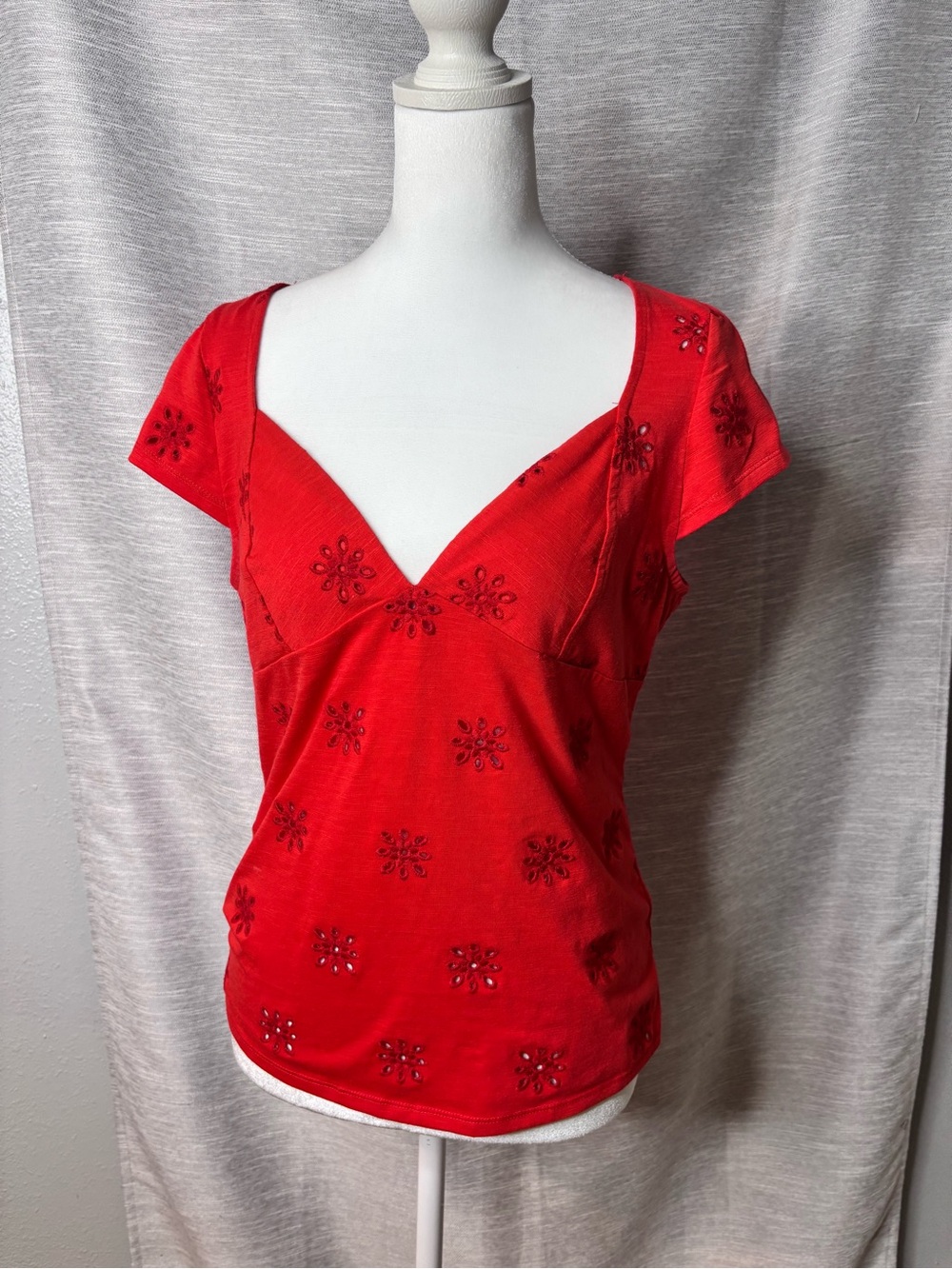 Red Embellished Cap-Sleeve Women's Top